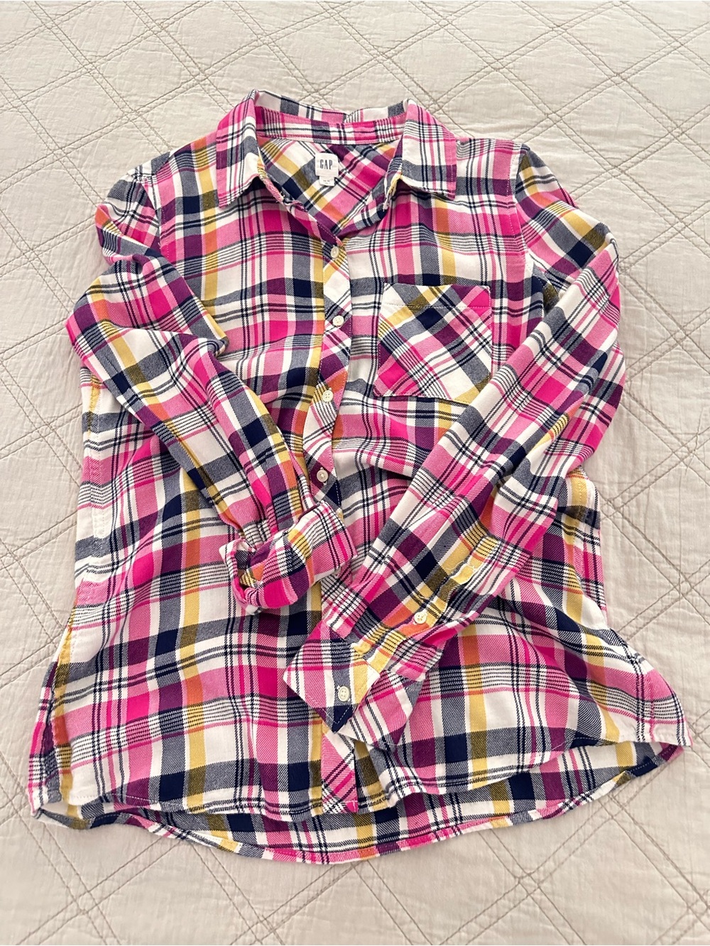 GAP Pink Navy Yellow Plaid Button-Down Shirt